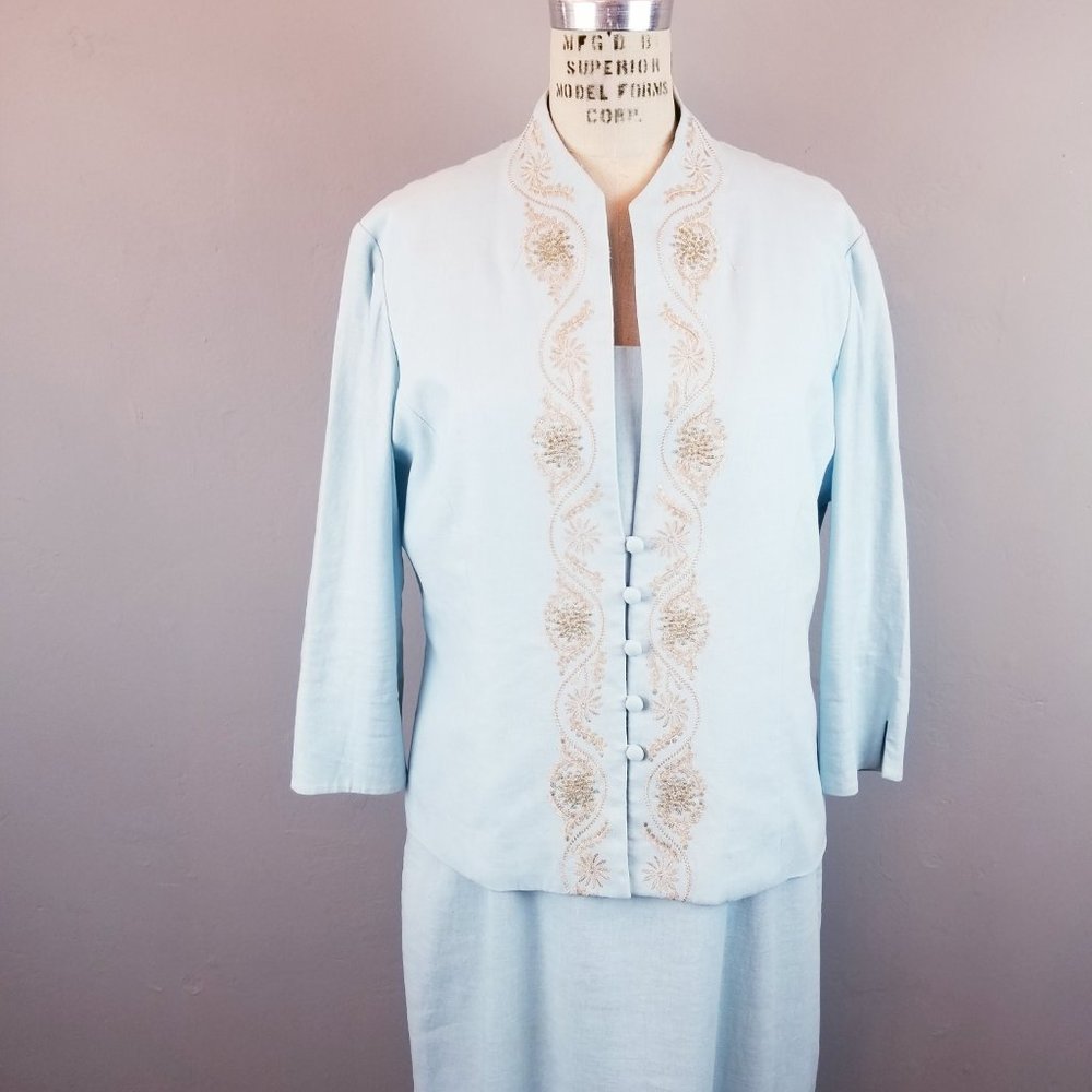 Jessica Howard Mint Linen Sheath Dress with Embroidered Jacket Women's Size 14